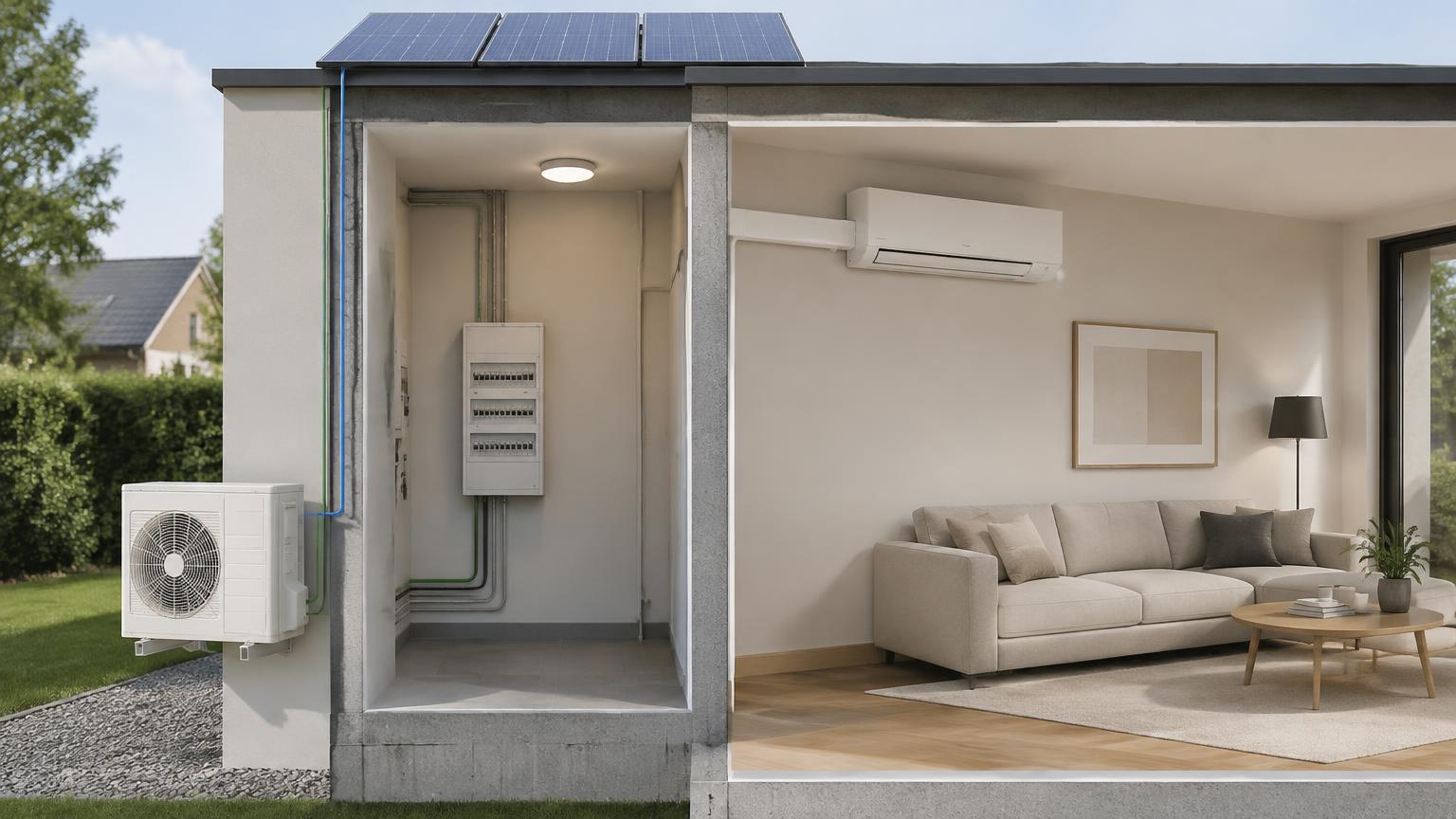 Local technique avec tableau électrique et panneaux solaires reliés à l'unité extérieure, raccordée à l'unité intérieure du salon