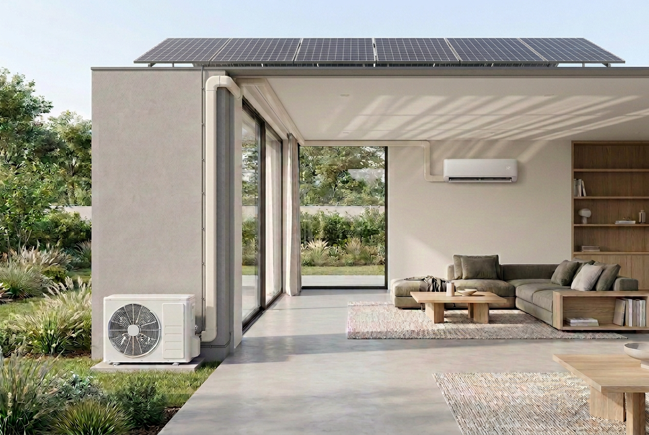 Maison avec panneaux solaires, une unité intérieure dans le salon et une unité extérieure raccordées par une conduite
