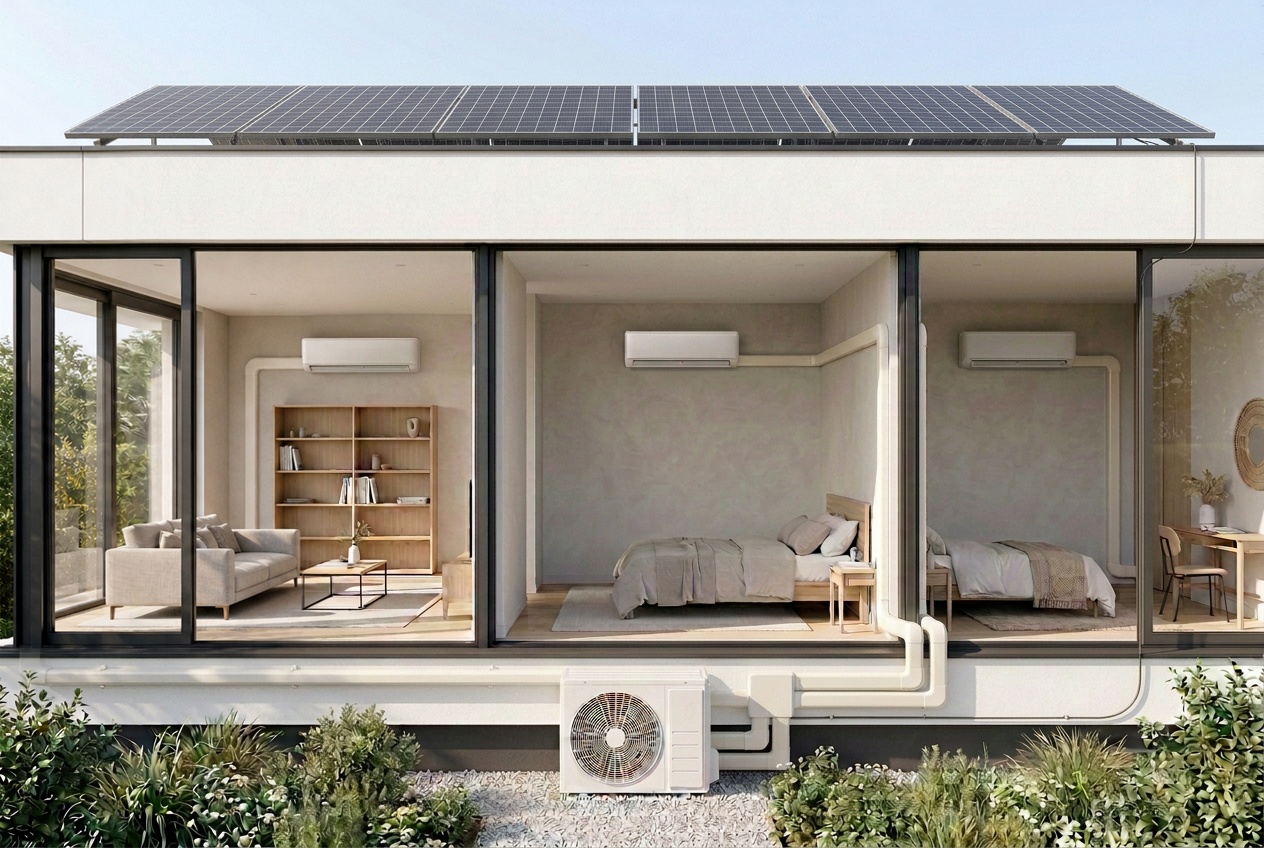 Maison avec panneaux solaires et 3 unités intérieures raccordées à une seule unité extérieure